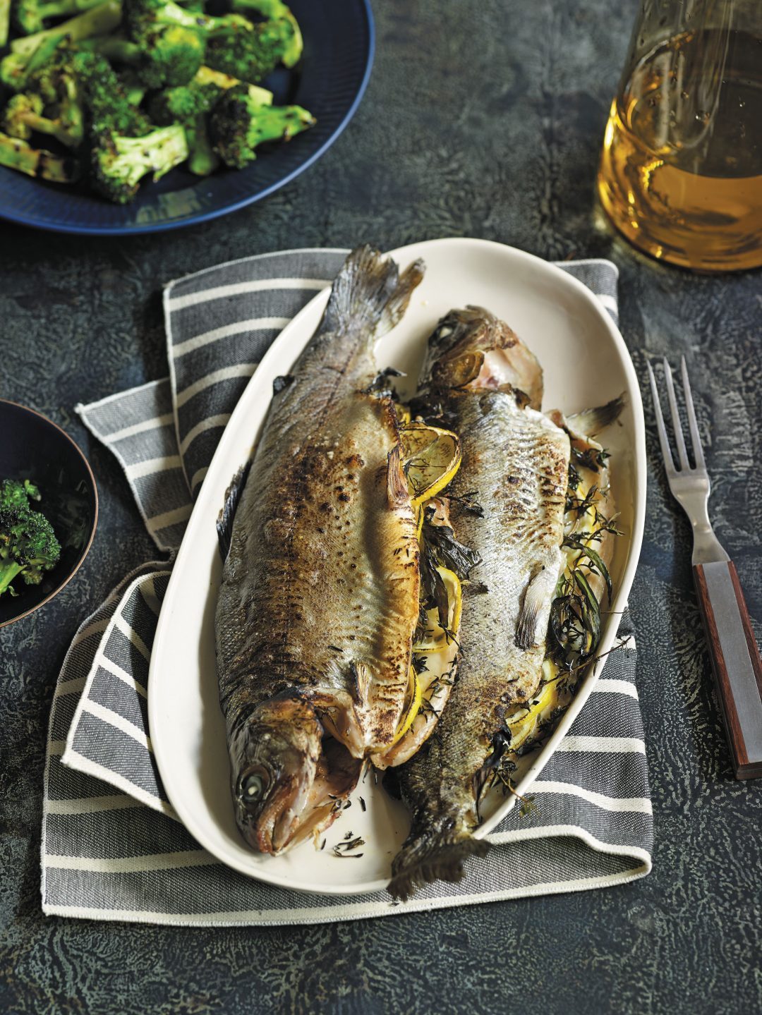 Grilled Whole Trout in Parchment Paper with Garlic Broccoli